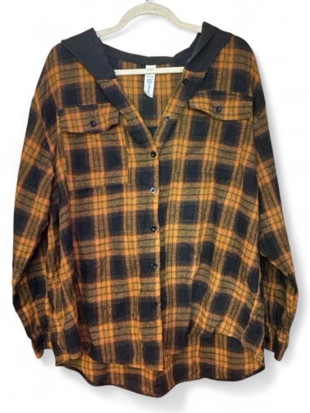 Grunge Black Mustard Plaid Hooded Button Up Flannel Shacket Shirt Jacket Large